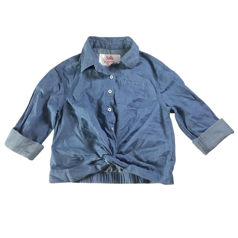 Justice Button Down Shirt‎ Girls 7 Blue Chambray Tie Front Casual School